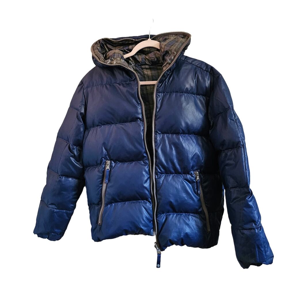 Reversible down puffy jacket bomber quilted plaid blue size medium zip up hood